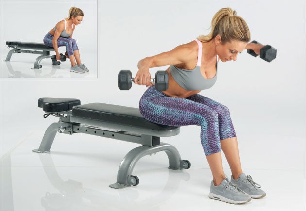 Seated-Bent-Over-Dummbell-Row Seated bent-over dumbbell rear delt raise for bolder shoulders