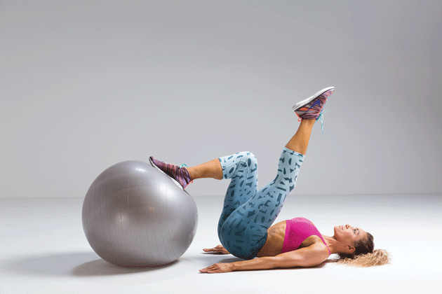 One-Legged-Stability-Ball-Curl-and-Bridge Total body hourglass with stability ball curl and bridge workout for women
