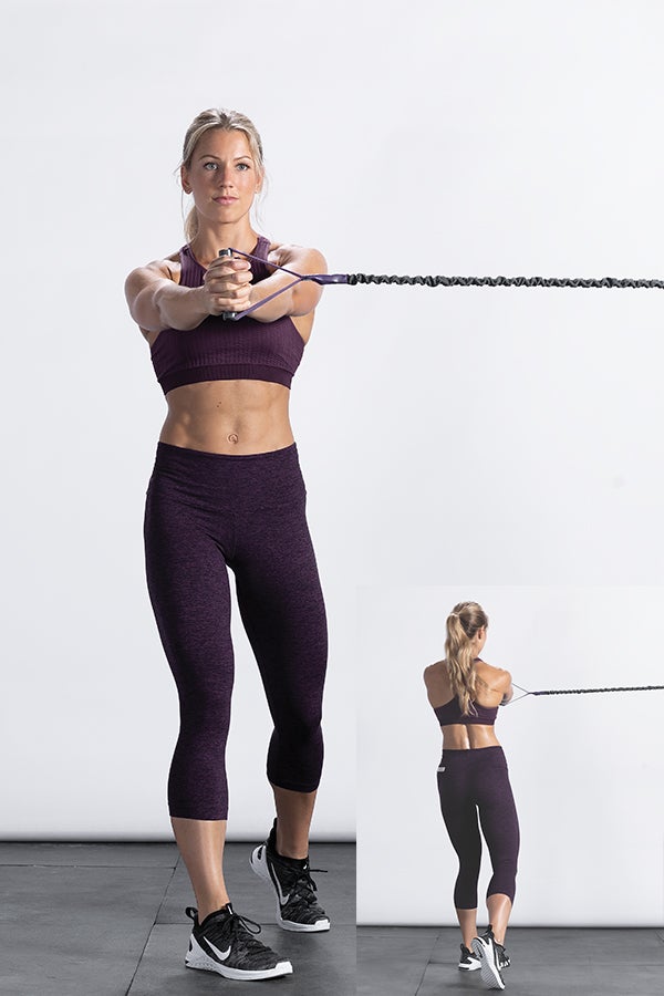 Rotate Woman doing a resistance band rotation