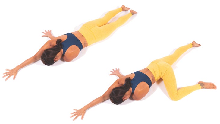 Woman demonstrating prone thread-the-needle
