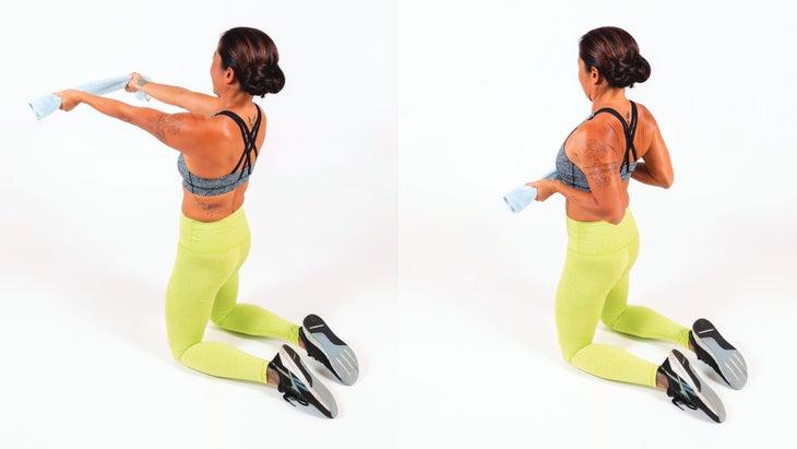 Woman demonstrating Kneeling Towel Row - Back Workout