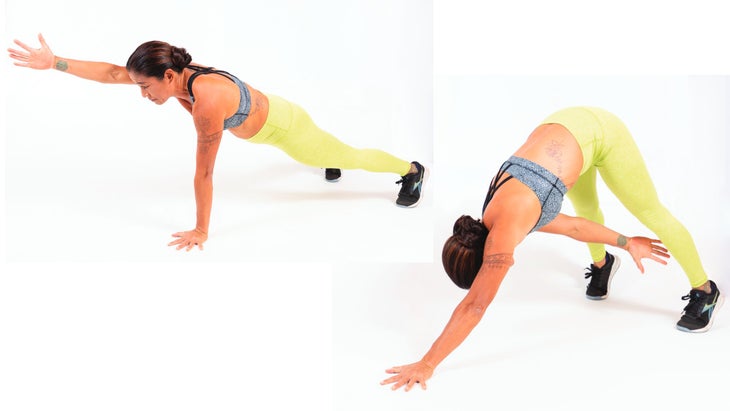 Woman demonstrating Plank Forward and Backward Reach - Back Workout