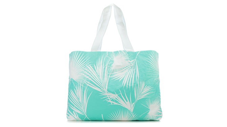 Teal and white palm-patterned Aloha Holo tote bag