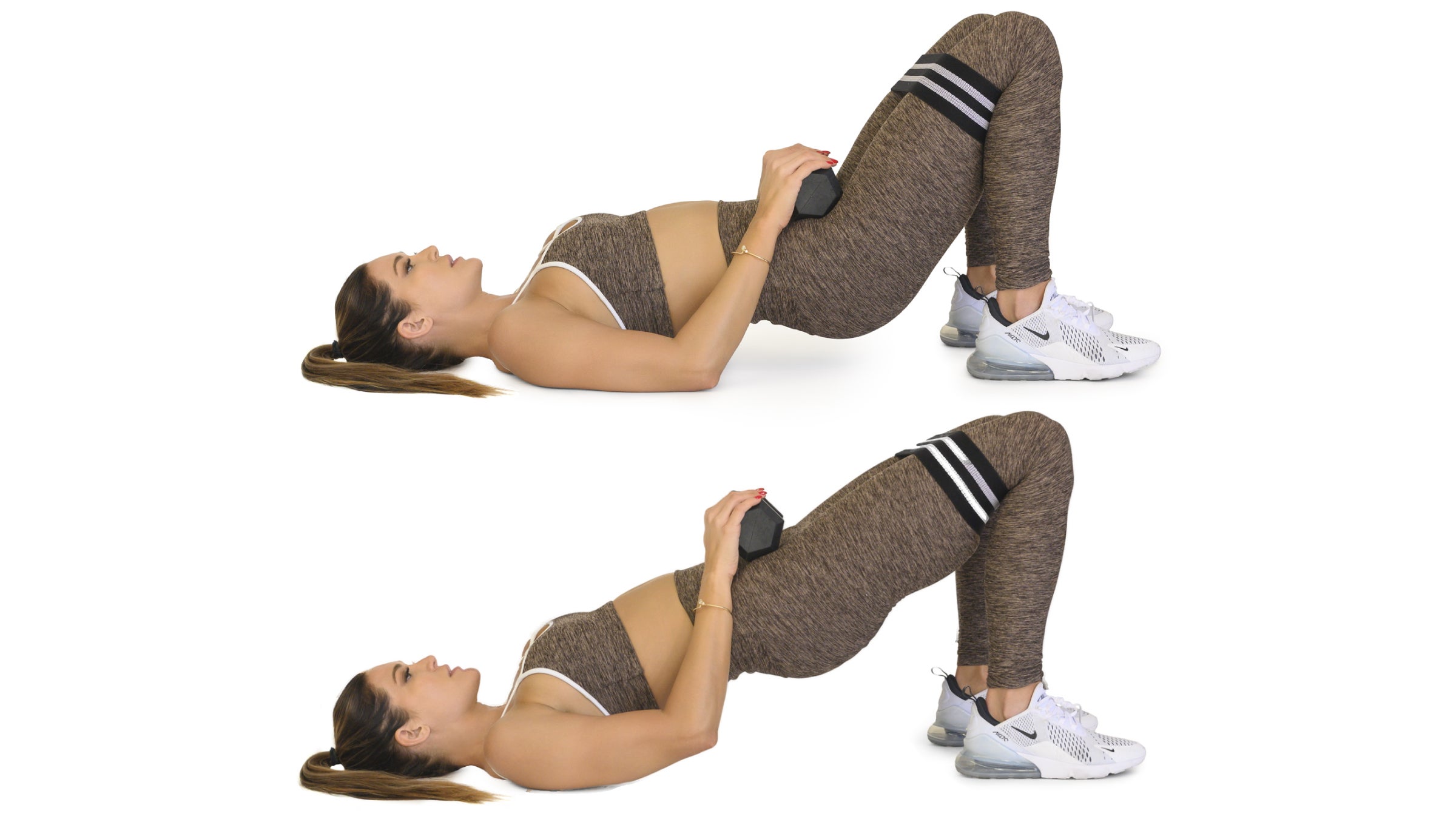 Woman demonstrating a weighted glute bridge lift