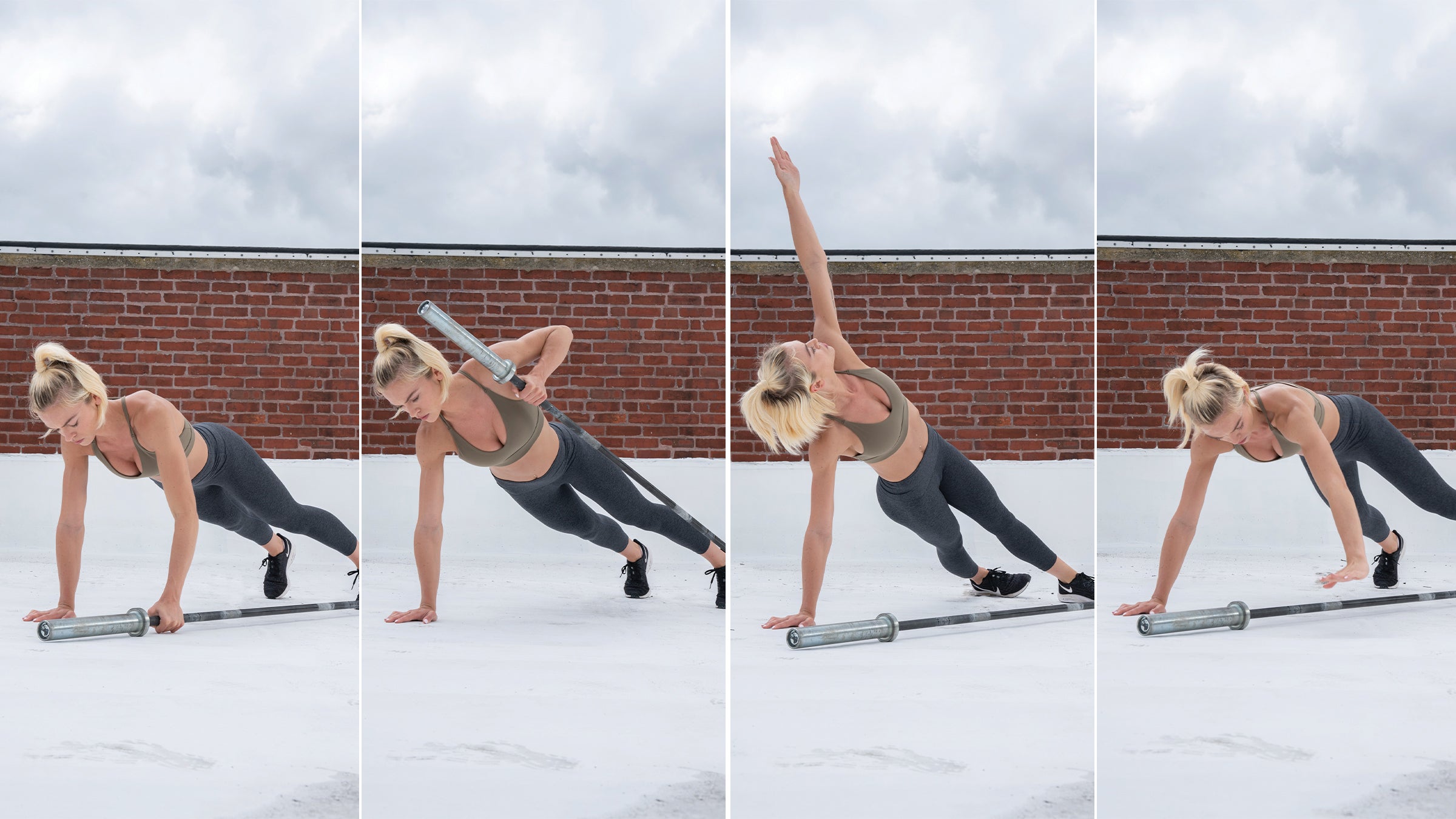 Renegade Barbell Row to Side-Plank Reach to Walkover