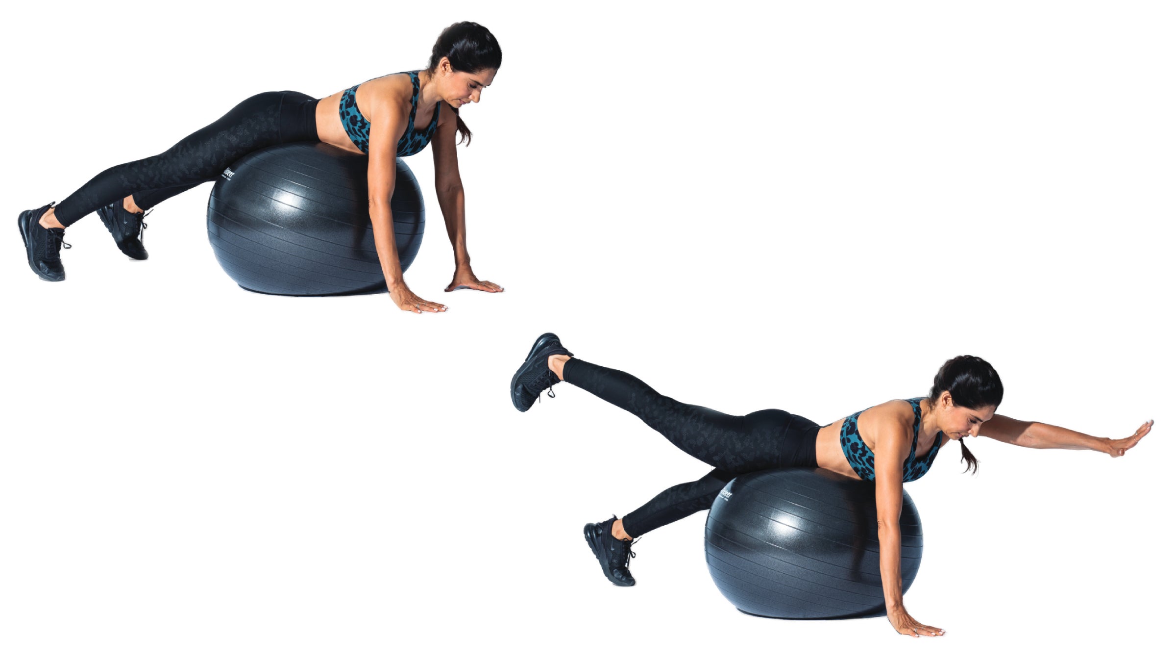 woman performing plank bird dog stability ball core move