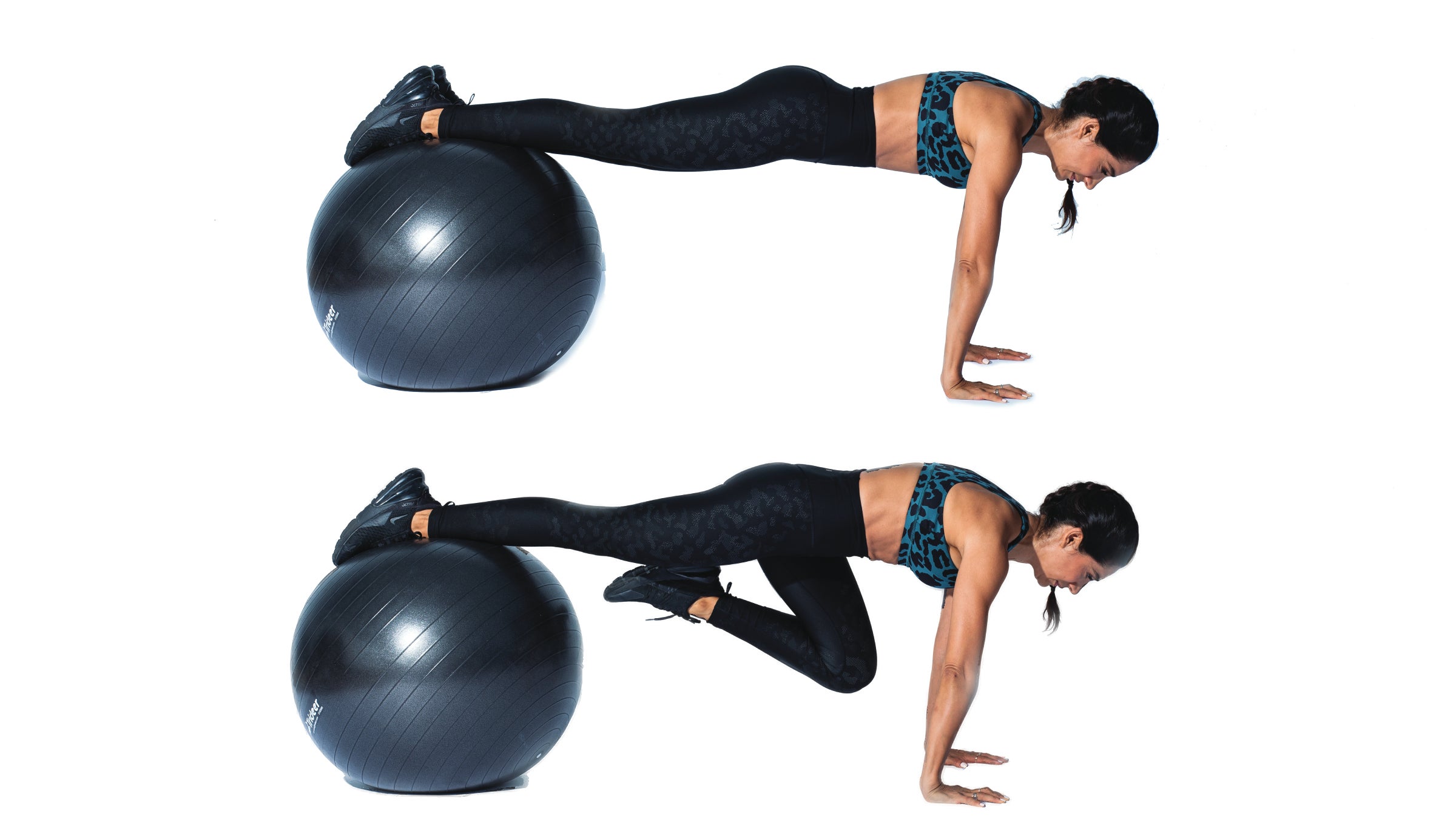 Woman performing plank knee-in hold stability ball core move
